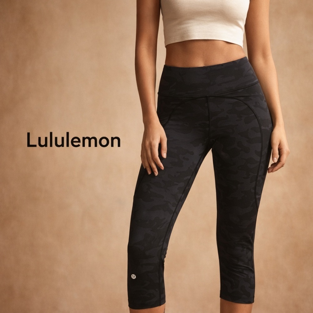 Lululemon Black Camo Leggings High Rise Cropped Athletic Pants Size 4